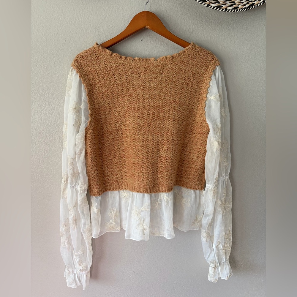 Anthropologie Layered Sweater Vest Knit Top Embroidered Sleeves Women Large - Picture 2 of 14